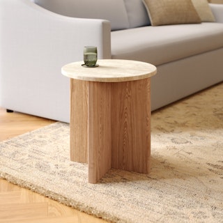 Sporo Travertine Side Table - Natural Oak